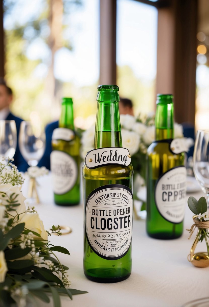 A table adorned with personalized bottle openers, surrounded by wedding decor and favors