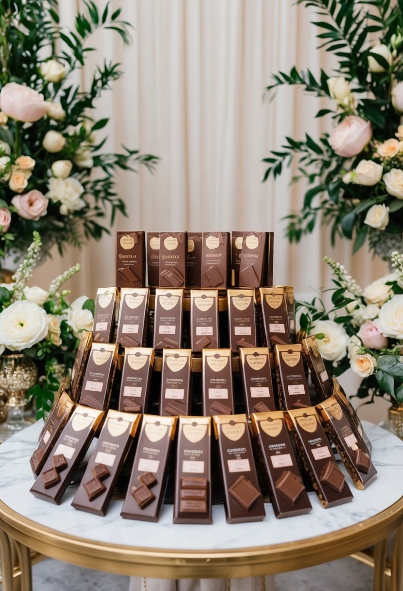 A display of gourmet chocolate bars arranged on a decorative table with elegant packaging, surrounded by floral arrangements and wedding decor