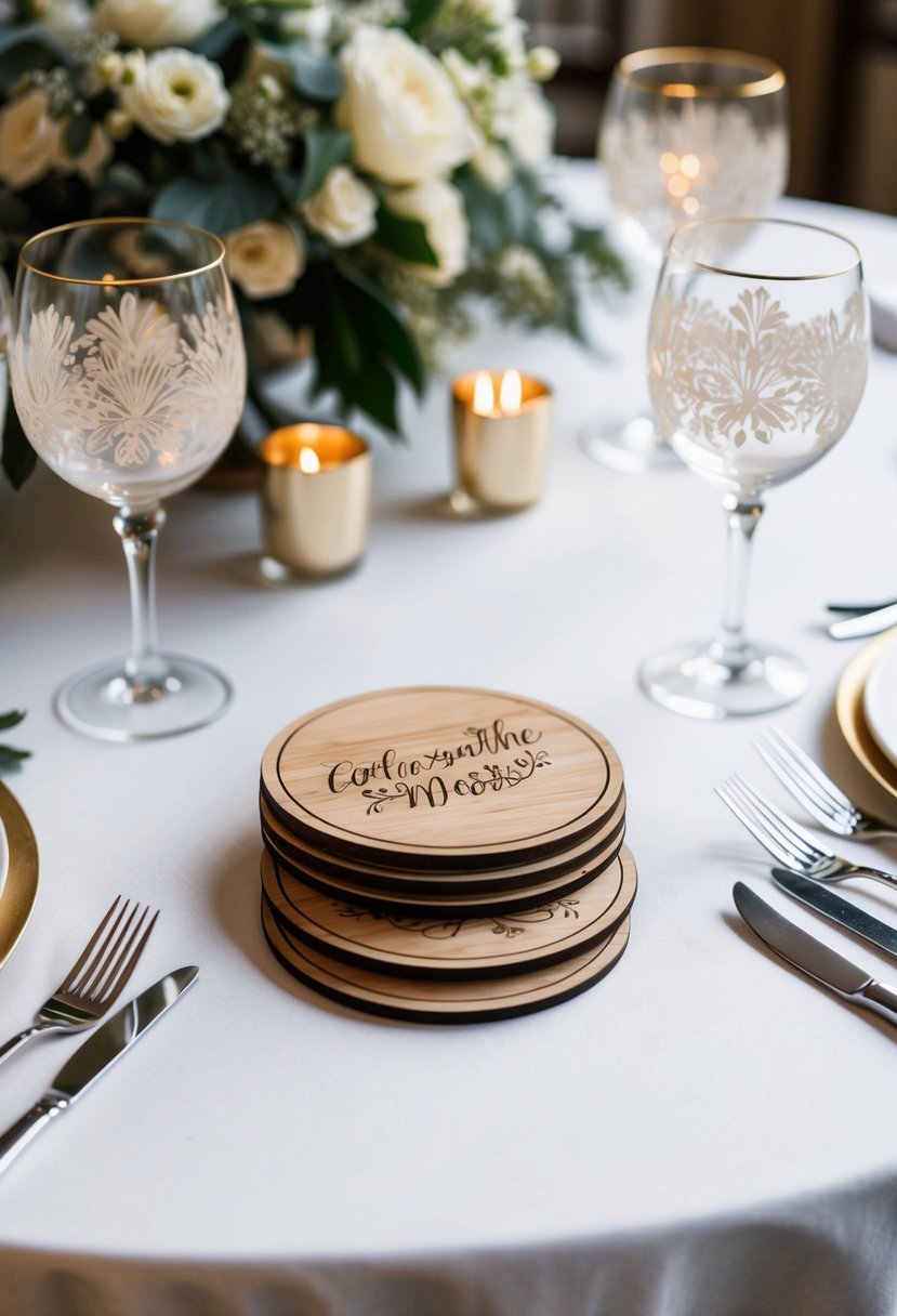 A table set with personalized engraved coasters, surrounded by elegant decor and wedding favors