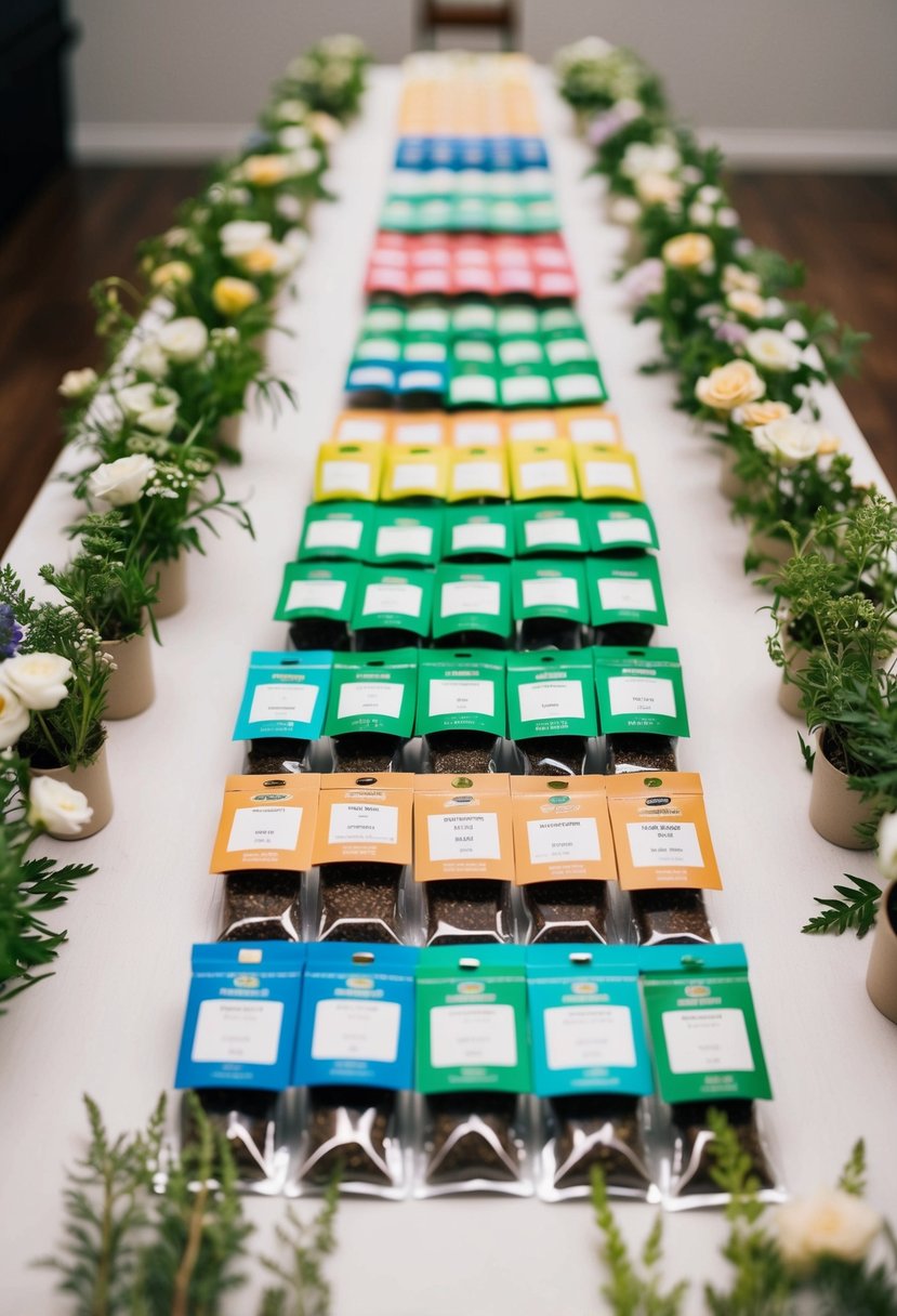 A table lined with colorful herb seed packets arranged in neat rows, surrounded by delicate floral decorations