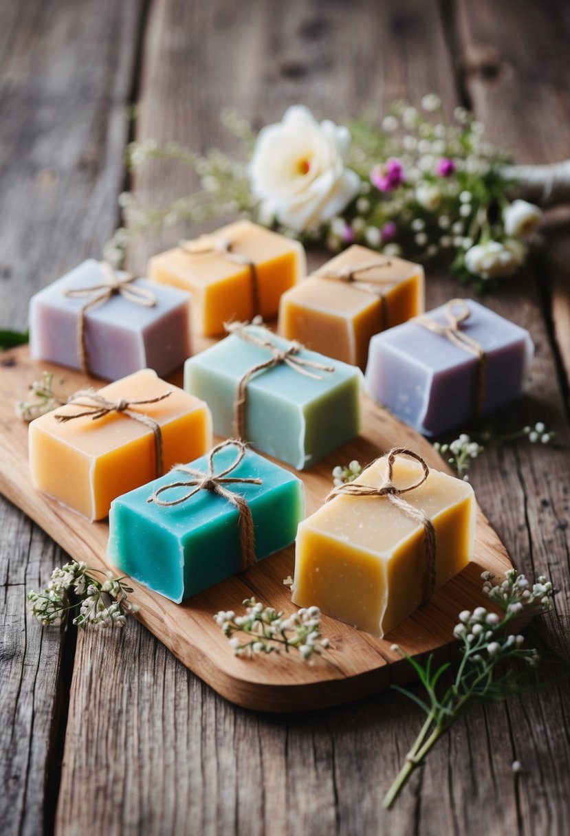 A rustic wooden table adorned with colorful handmade soap bars, tied with twine and adorned with delicate floral accents