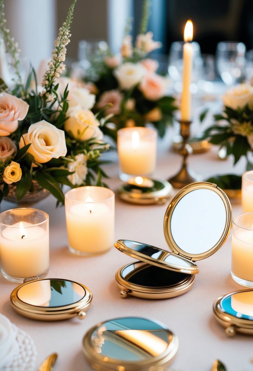 A table adorned with elegant compact mirrors, surrounded by delicate floral arrangements and soft candlelight