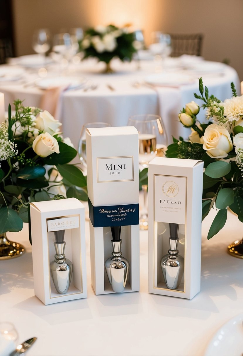 A table set with personalized wine stoppers in elegant packaging, surrounded by wedding decor and floral arrangements