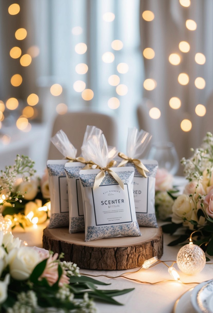 A table adorned with scented sachets in elegant packaging, surrounded by delicate flowers and twinkling fairy lights