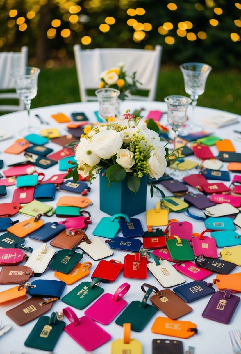 A table scattered with luggage tags in various colors and designs, surrounded by wedding decorations and favors