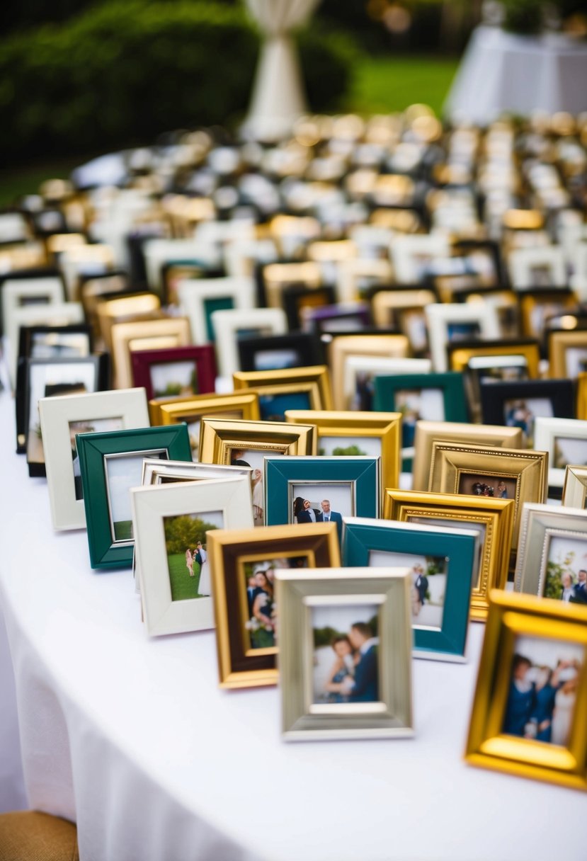 A table filled with mini photo frames in various designs and colors, arranged neatly as wedding favors