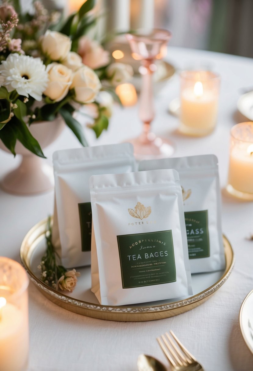 A table set with personalized tea bags in elegant packaging, surrounded by delicate floral decorations and soft candlelight