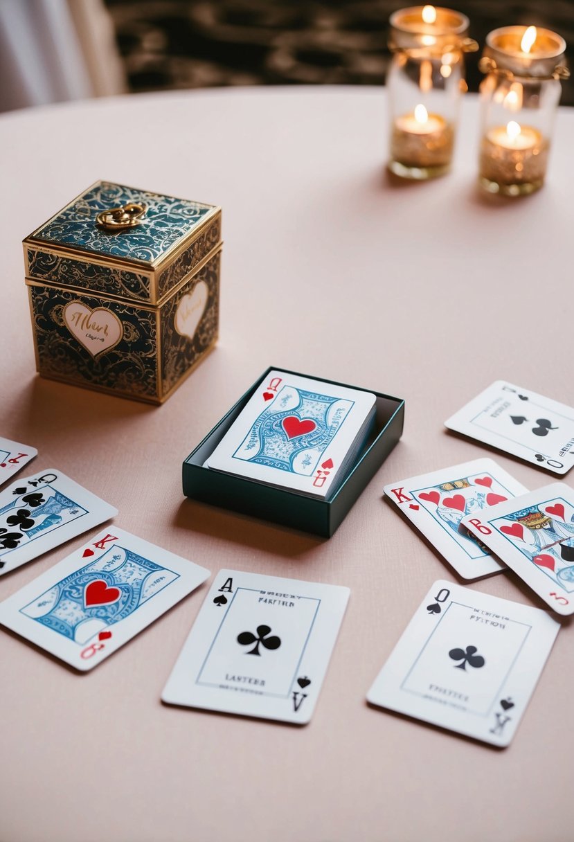 A table with personalized playing cards scattered around a decorative wedding favor box