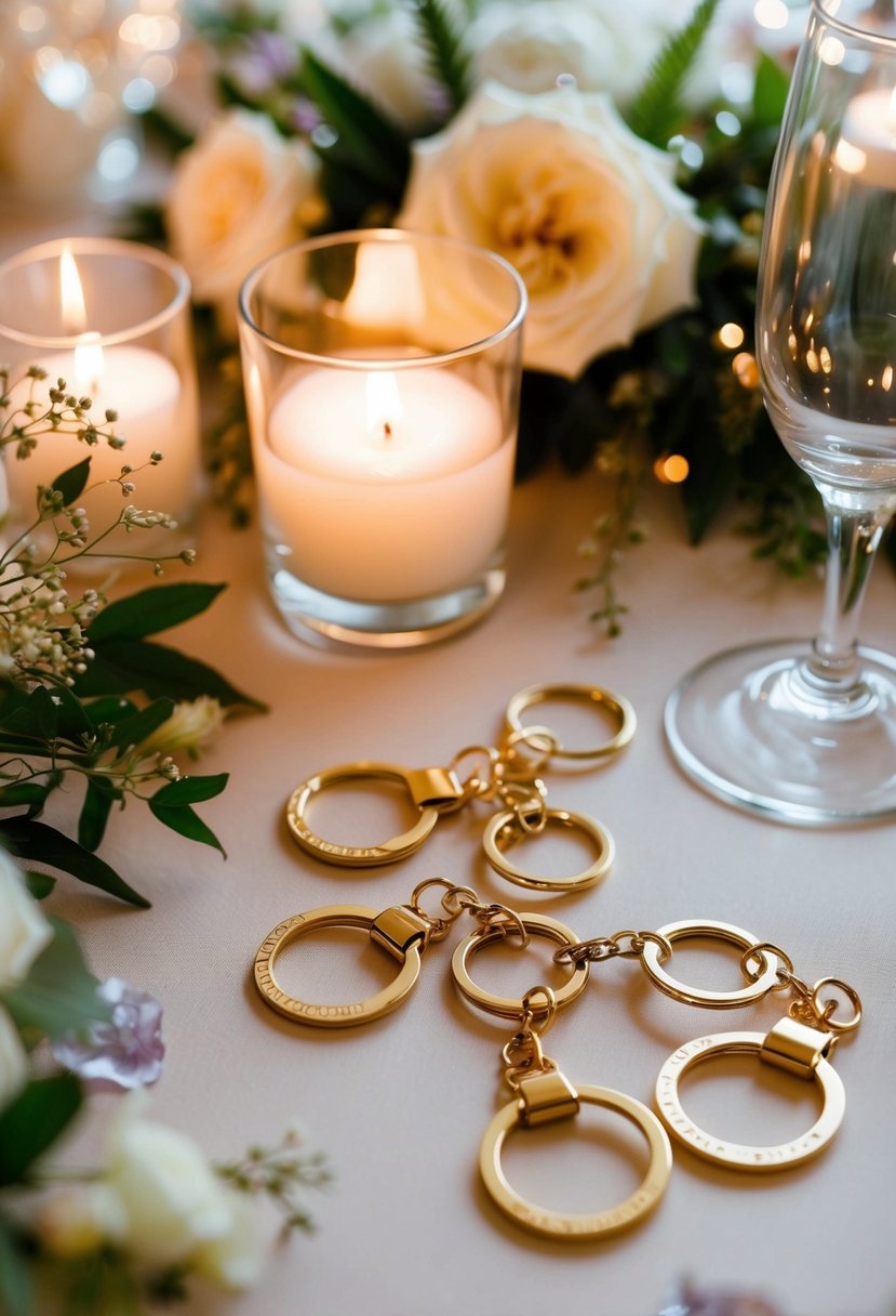 A table adorned with personalized engraved keychains, surrounded by delicate floral decorations and shimmering candlelight