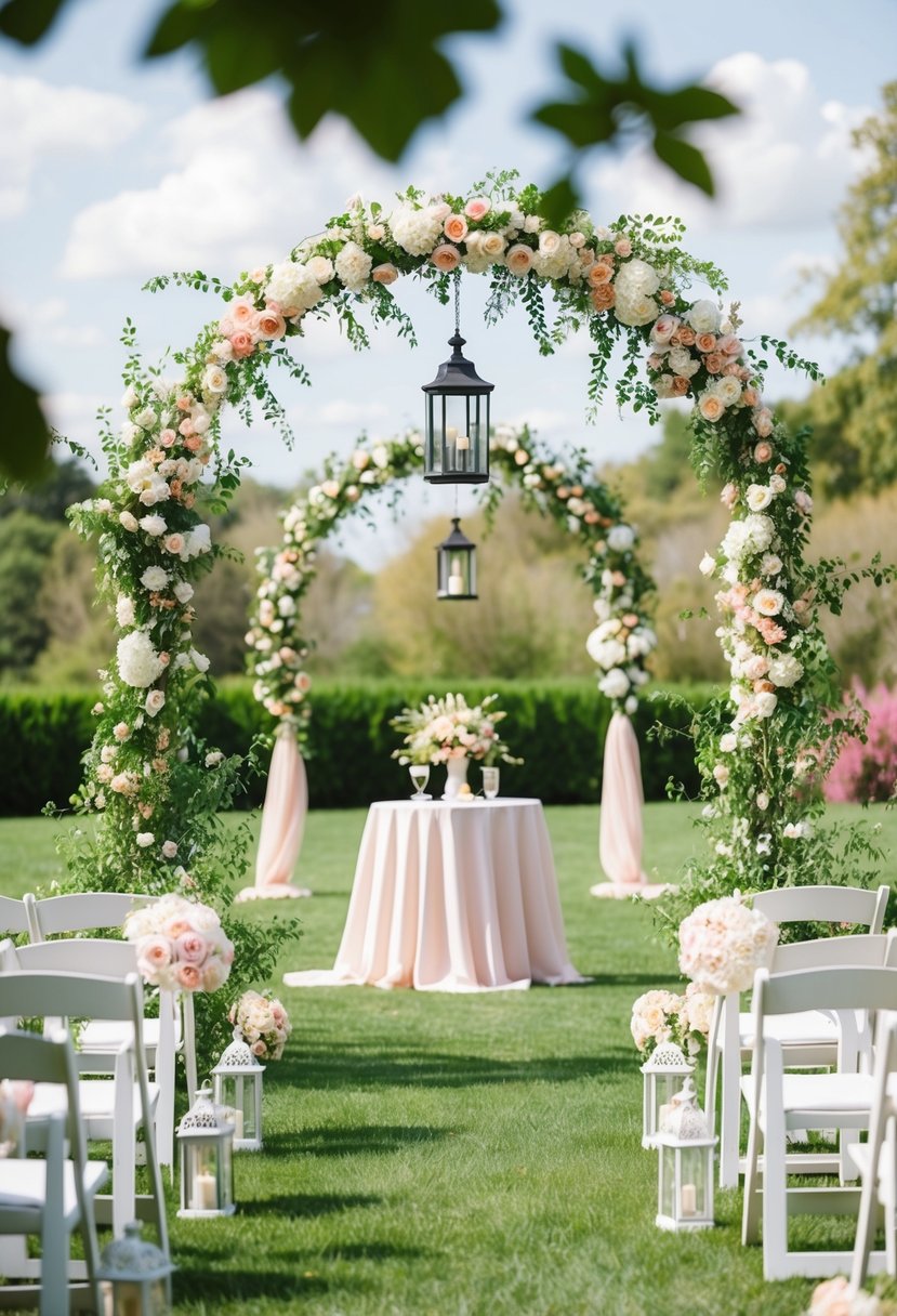 A garden wedding with floral arches, pastel linens, and hanging lanterns