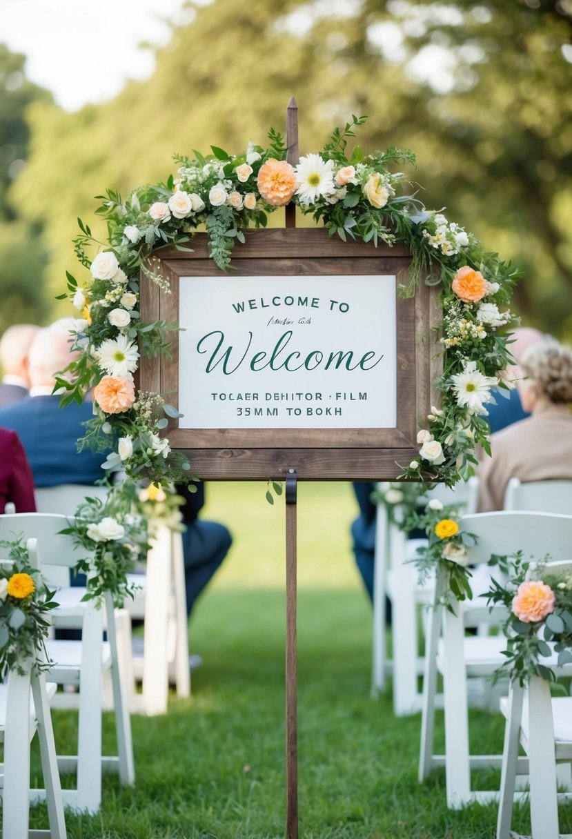 A quaint outdoor wedding scene with rustic wooden welcome signs adorned with summer flowers