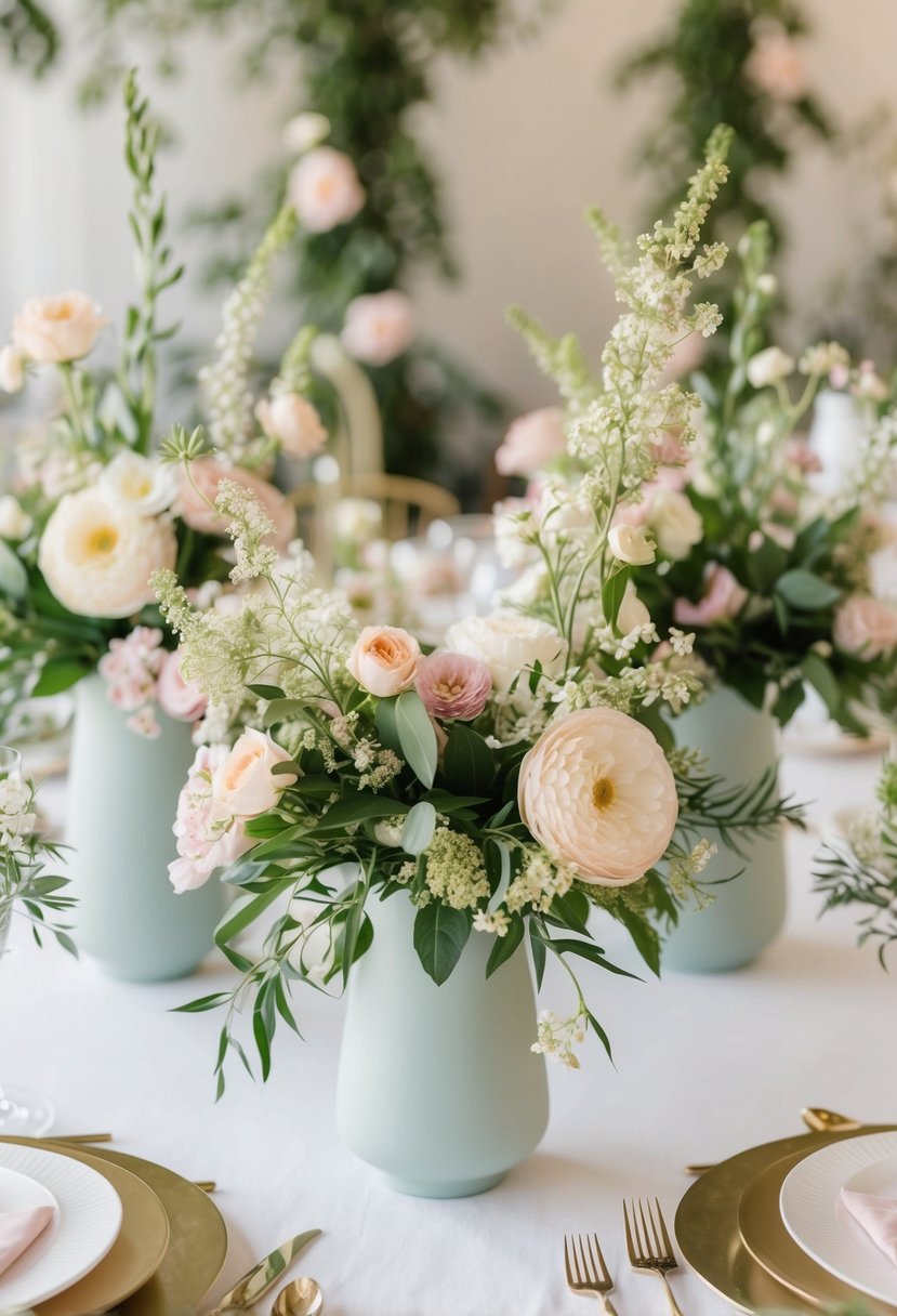 A table adorned with soft pastel floral arrangements in vases, surrounded by greenery and delicate blooms, creating a romantic and elegant summer wedding decor