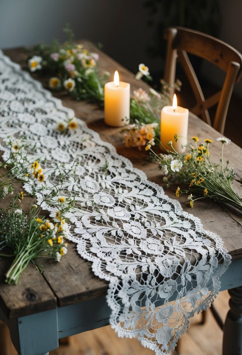 A vintage lace table runner adorns a rustic wooden table, surrounded by delicate wildflowers and flickering candlelight