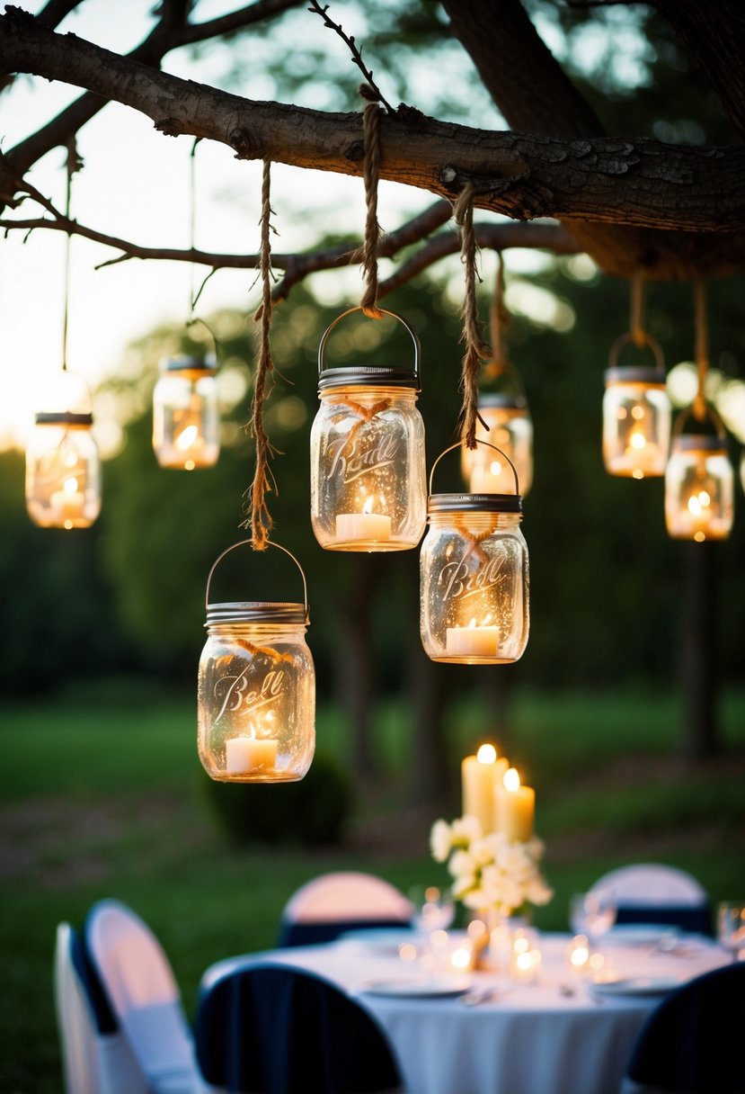 A rustic outdoor wedding setting with mason jar candle holders hanging from tree branches, casting a warm glow in the evening light