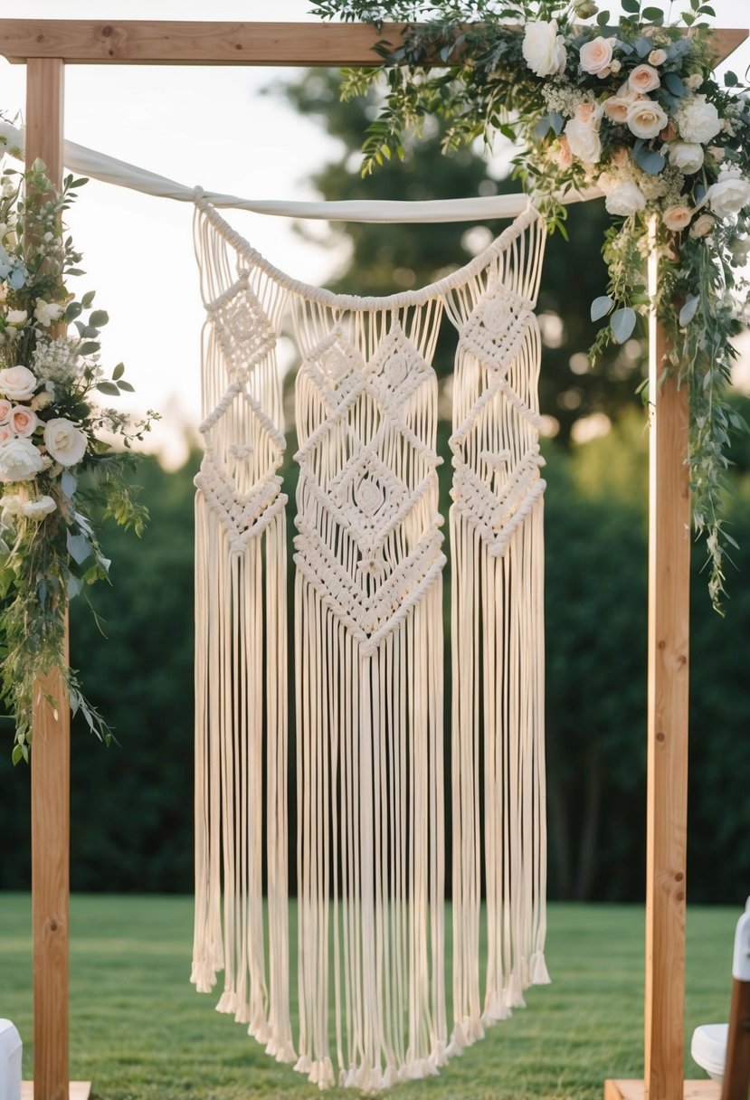 A bohemian macrame backdrop hangs behind an outdoor summer wedding ceremony, adorned with delicate flowers and flowing fabric