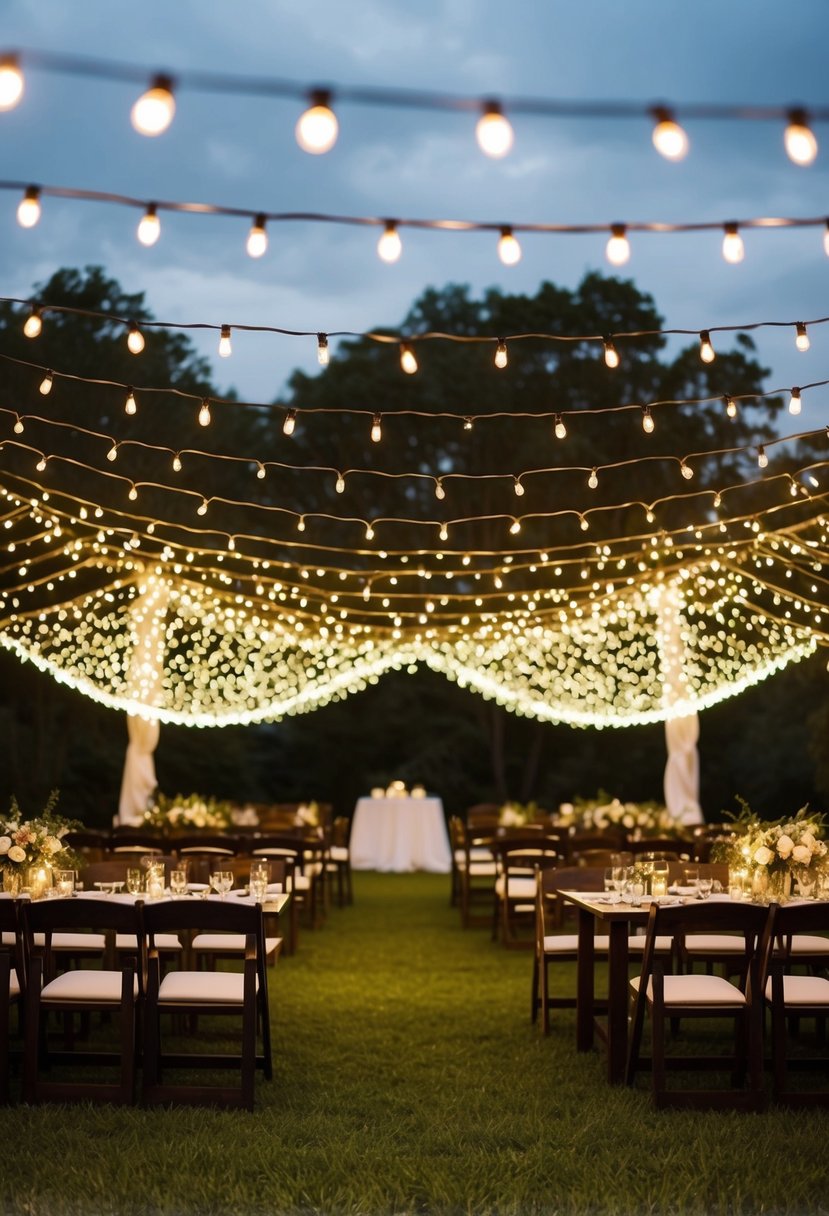 Fairy lights drape over outdoor wedding seating, creating a whimsical canopy of twinkling lights