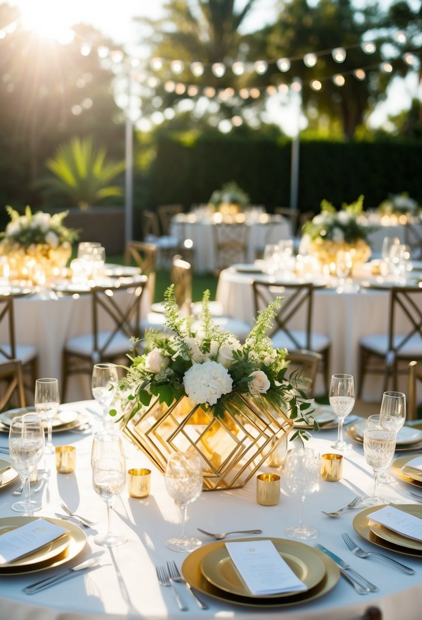 Golden geometric centerpieces adorn an elegant summer wedding reception, catching the sunlight and casting intricate patterns across the tables