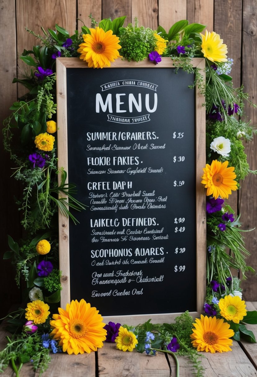 A chalkboard menu surrounded by vibrant summer flowers and greenery, set against a rustic wooden backdrop