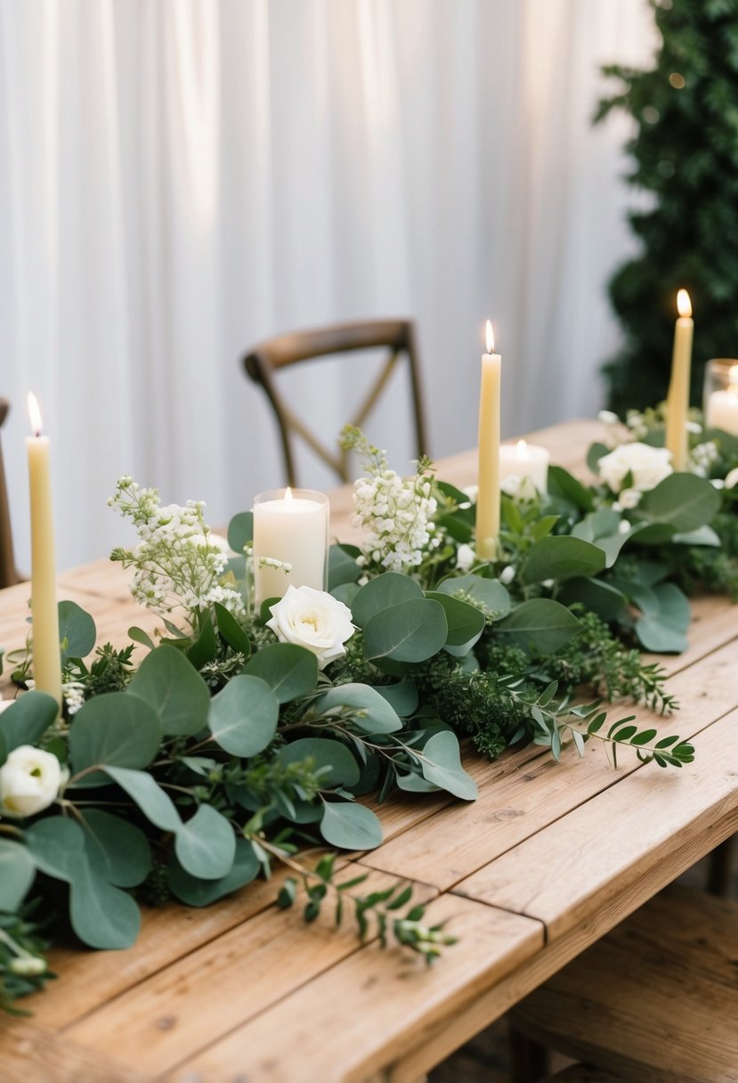 A lush eucalyptus greenery garland draped over a rustic wooden table, adorned with delicate white flowers and candles, creating a romantic and natural summer wedding decor