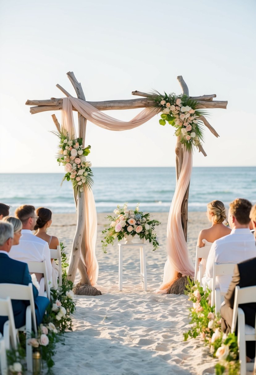 A beachy driftwood archway frames a summer wedding ceremony, adorned with flowing fabric and delicate florals