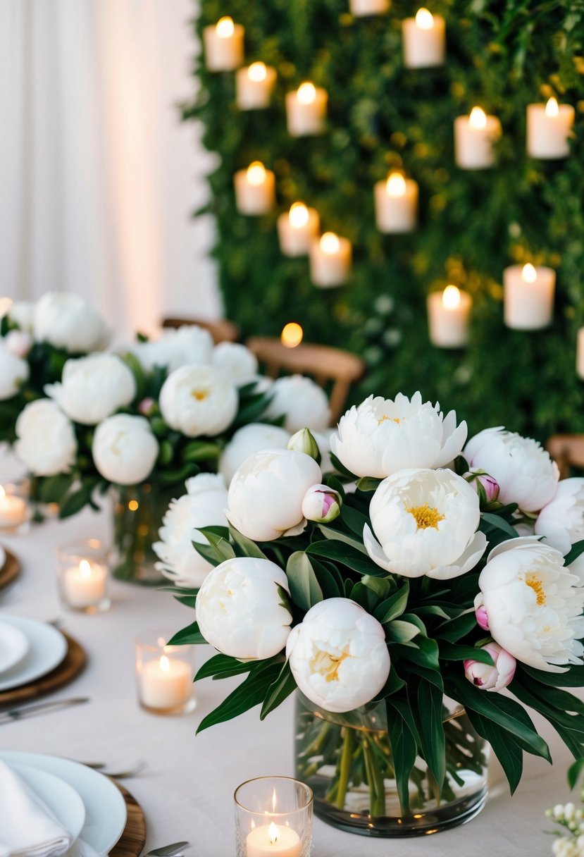 A table adorned with white peony bouquets, set against a backdrop of lush greenery and soft candlelight