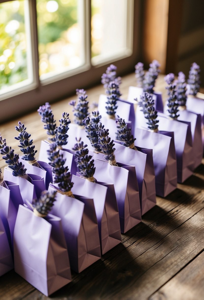 Lavender-scented favor bags arranged on a rustic wooden table with soft sunlight streaming in through a nearby window