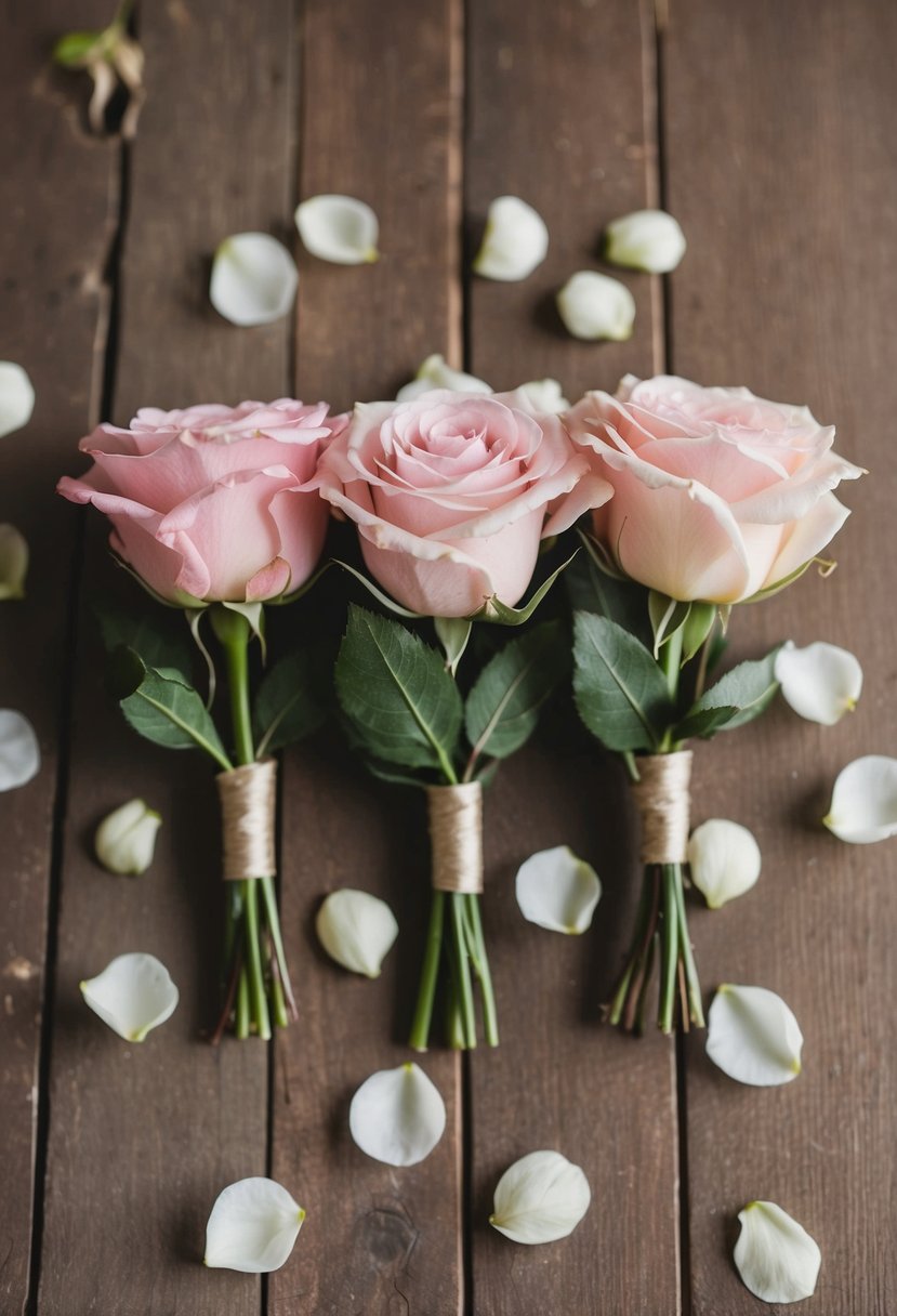 A close-up of three garden rose boutonnières arranged on a rustic wooden table, surrounded by scattered rose petals and soft natural light