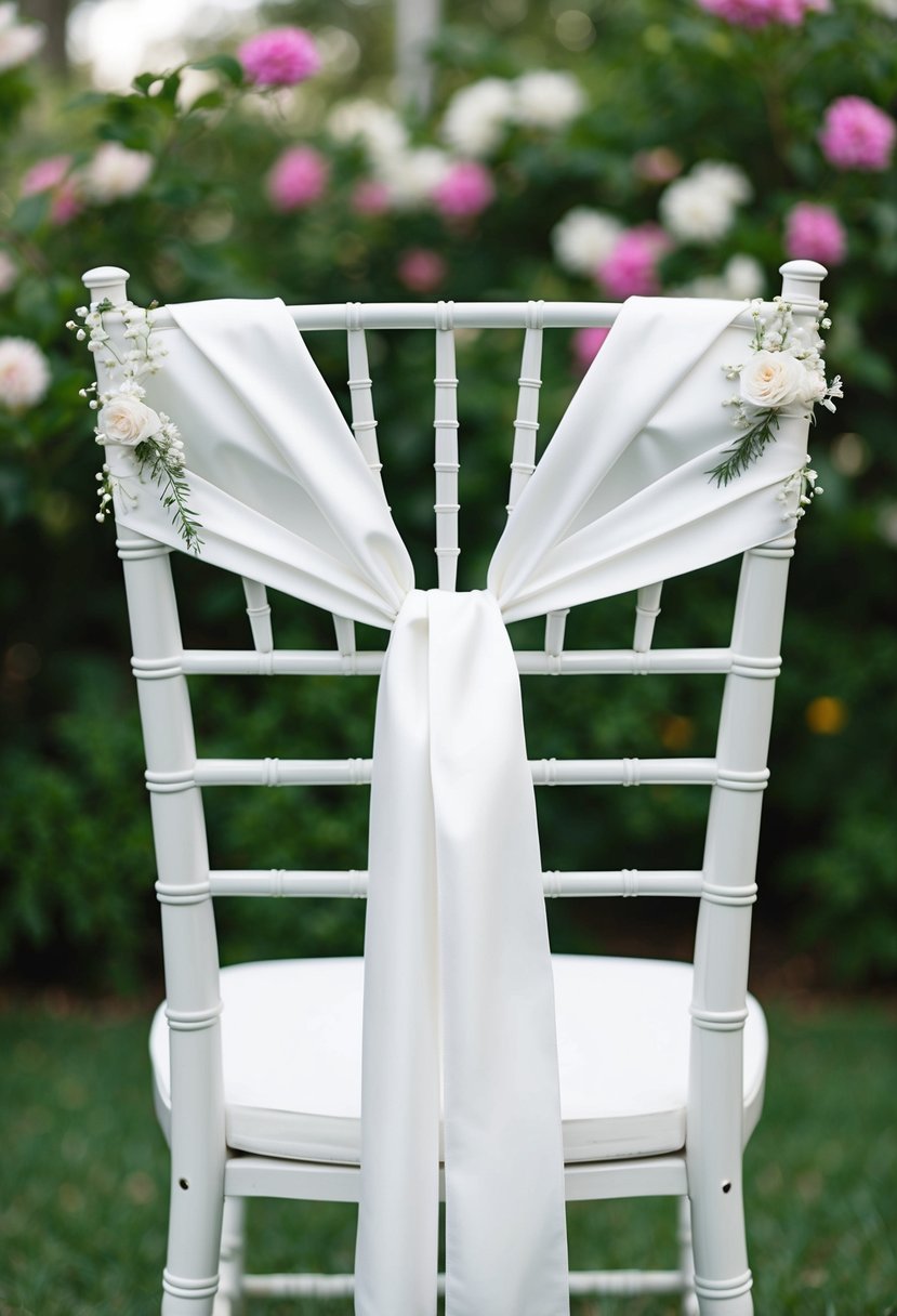 A white silk ribbon elegantly drapes over the back of a chair, adorned with delicate floral accents, set against a backdrop of lush greenery and blooming flowers