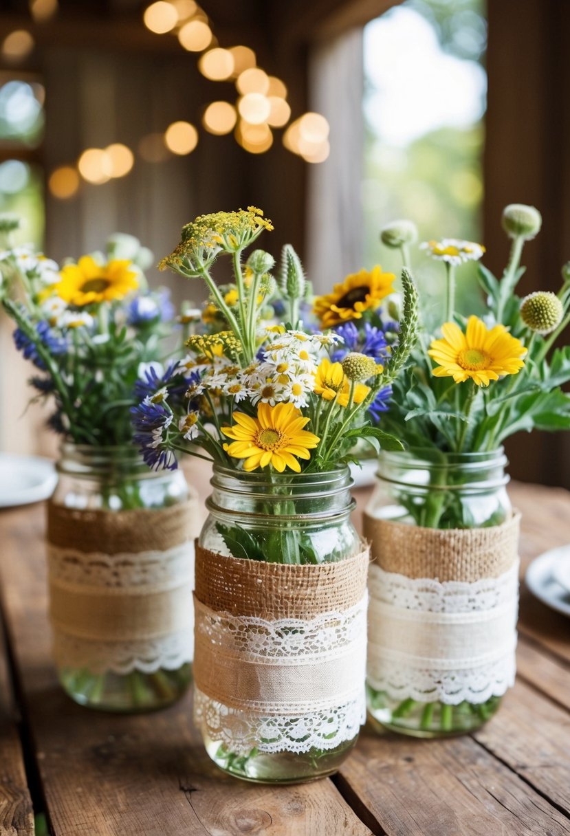 Mason jars wrapped in burlap and lace, filled with wildflowers, set on a rustic wooden table for a summer wedding decor