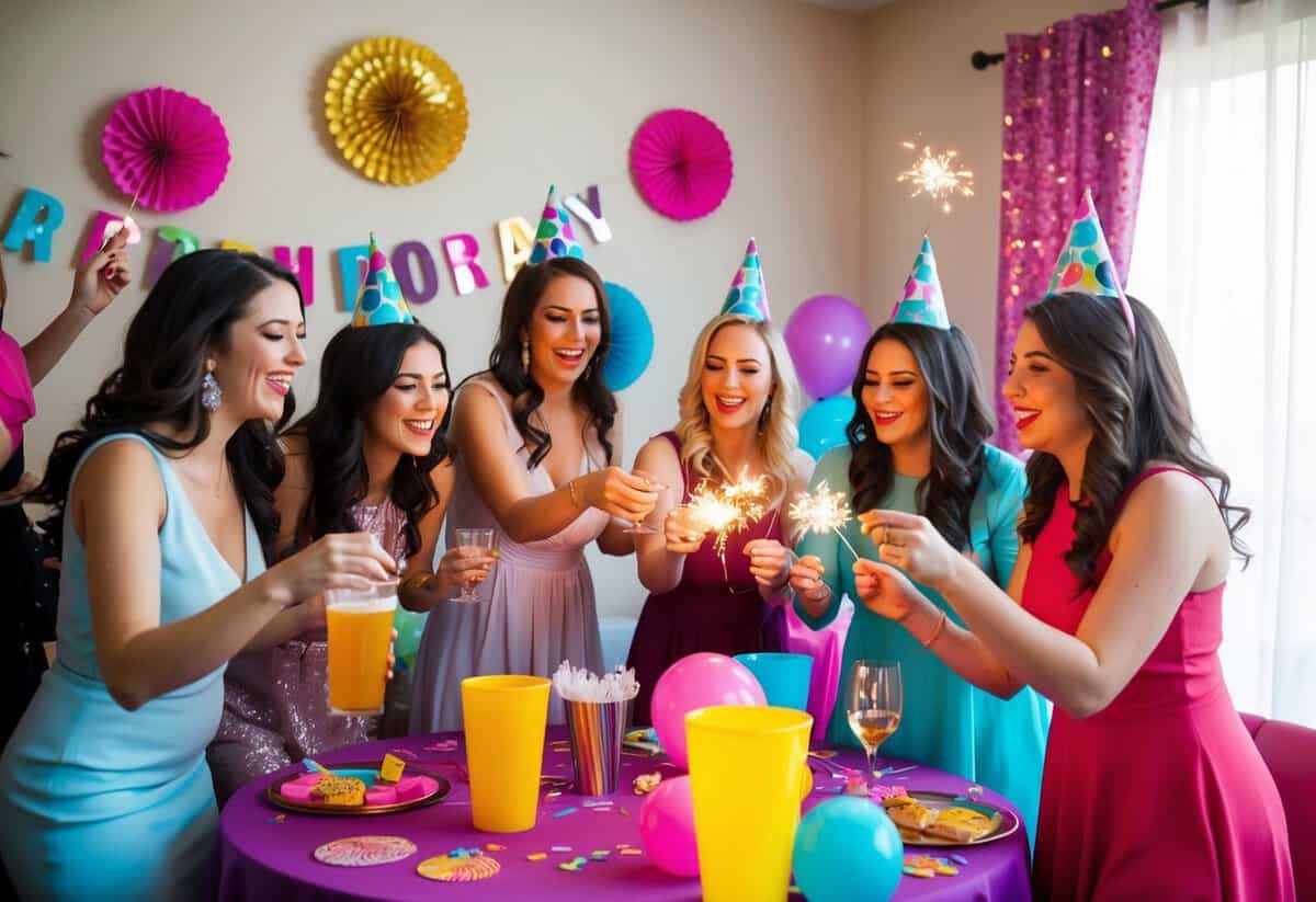 A group of women at a bachelorette party, surrounded by colorful decorations and party supplies. One woman is spilling a drink while another is trying to light a sparkler indoors
