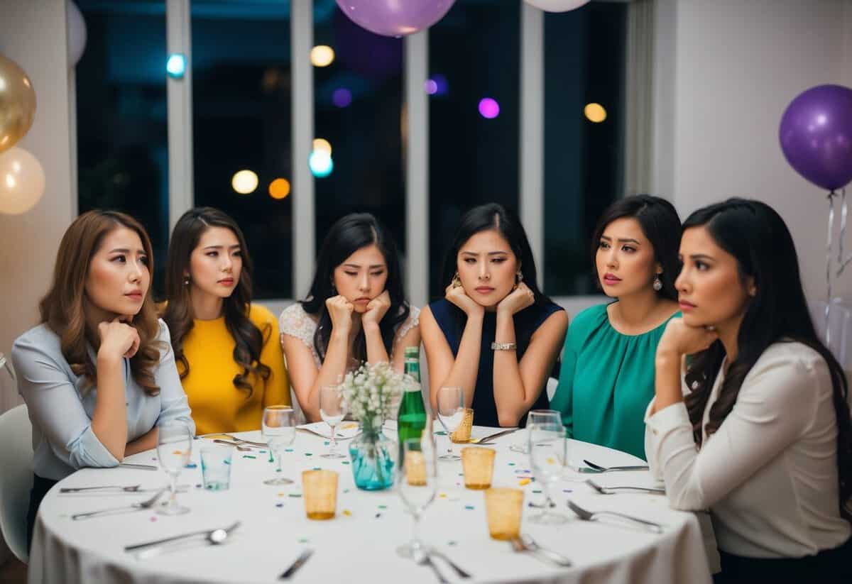 A group of women sitting around a table with scattered party decor and empty glasses, looking bored and uninterested