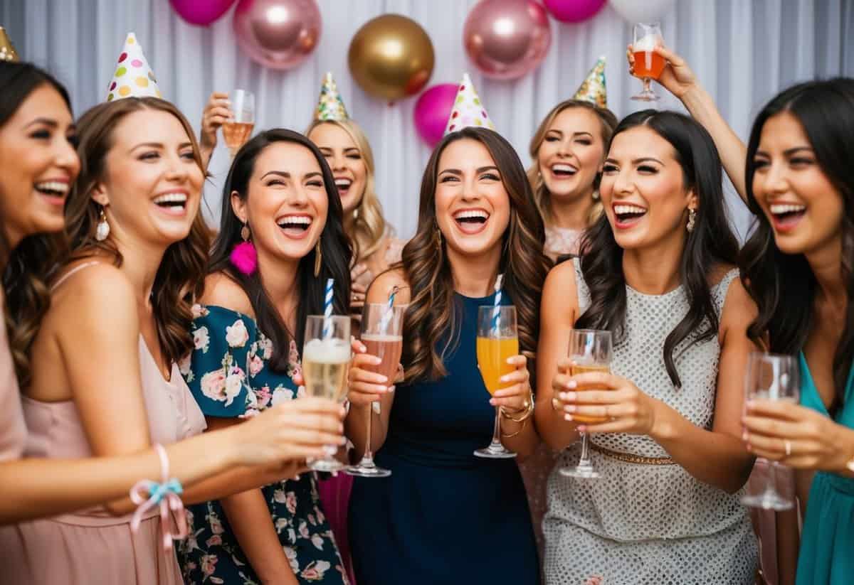 A group of women celebrating with drinks, decorations, and laughter at a bachelorette party