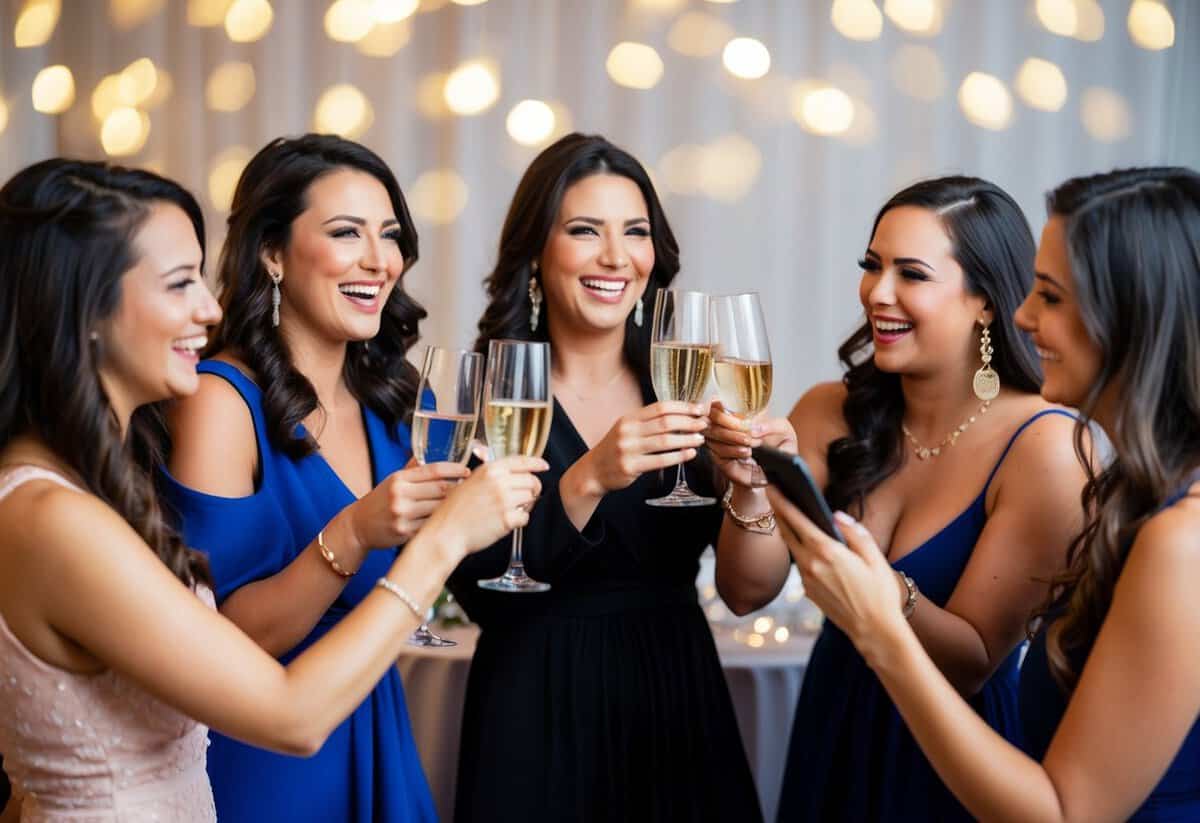 A group of women at a bachelorette party, clinking glasses and laughing, while one woman discreetly checks her phone in the corner