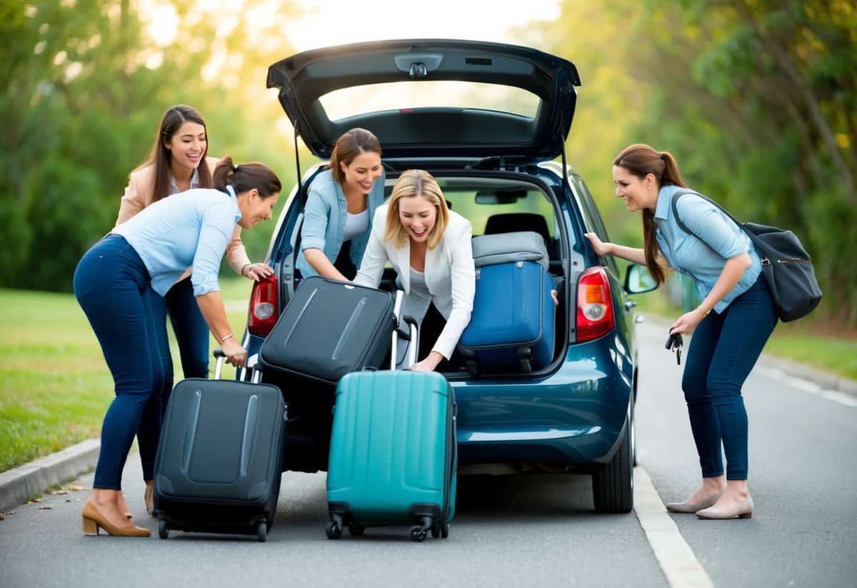 A group of women struggling to fit all their luggage into a small car, while one of them frantically searches for the keys