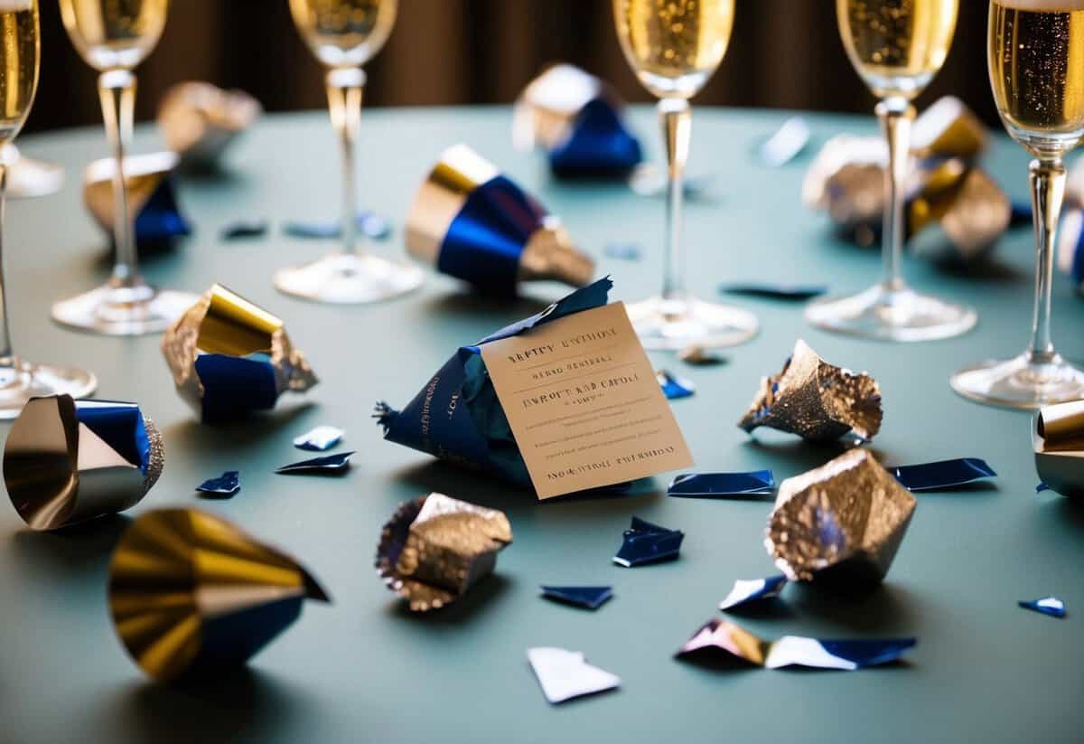 A table with scattered broken champagne glasses and torn party favors, with a crumpled invitation in the center