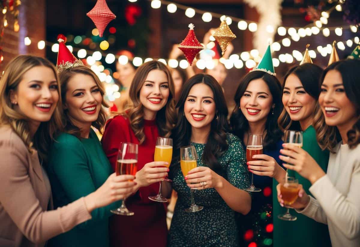A group of women celebrating with drinks and decorations in a lively, festive atmosphere