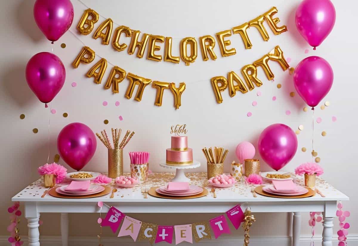 A table adorned with pink and gold decorations, balloons, and confetti. A banner reading "Bachelorette Party" hangs on the wall