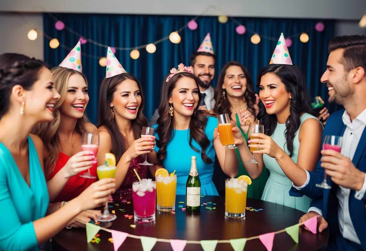 A group of people celebrating at a bachelorette party with drinks, decorations, and lively conversation