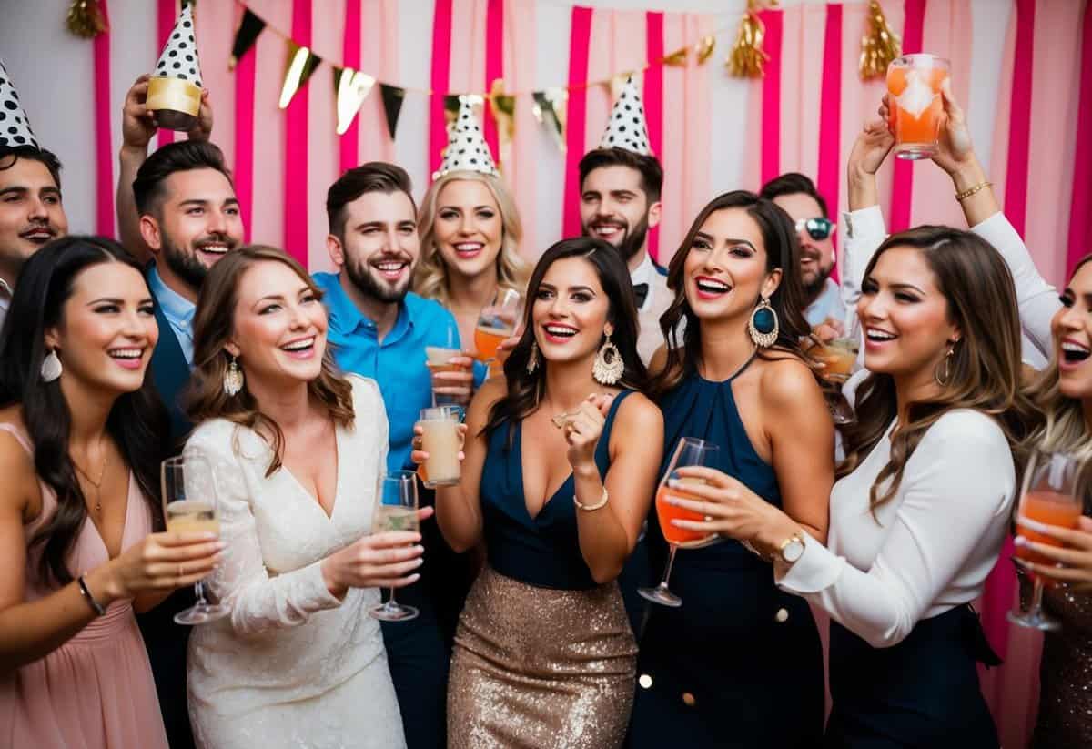 A group of people celebrating with decorations, drinks, and music at a bachelorette party