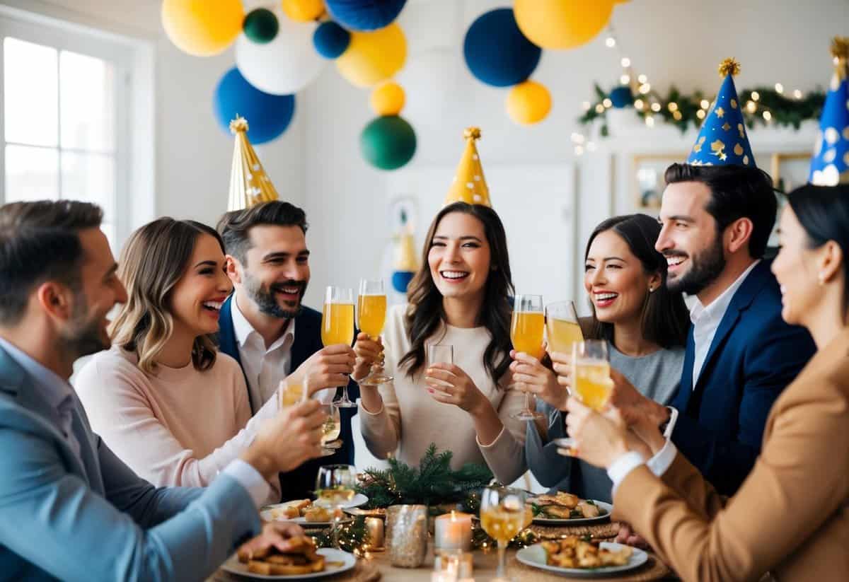 A group of people celebrating with decorations and drinks, with a mix of men and women chatting and laughing together