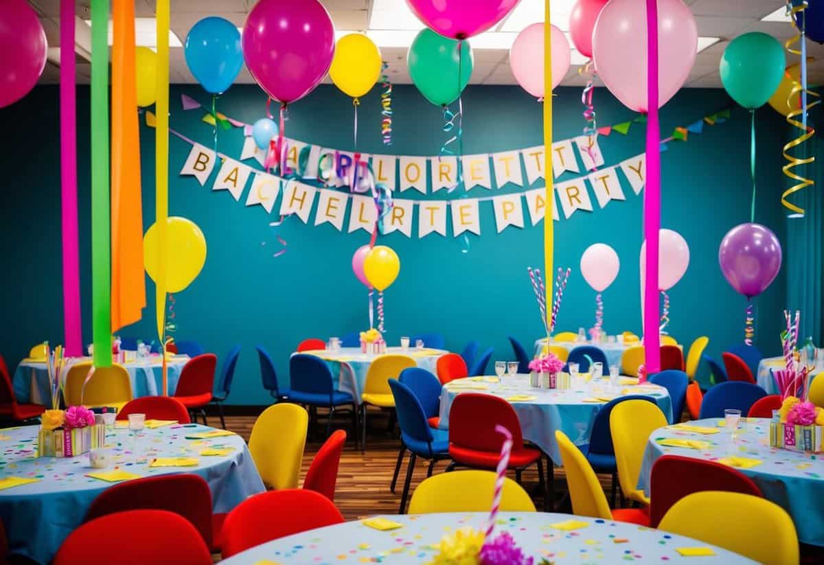 Colorful streamers and balloons fill the room, with a banner reading "Bachelorette Party" hung across the wall. Tables are adorned with confetti and centerpieces