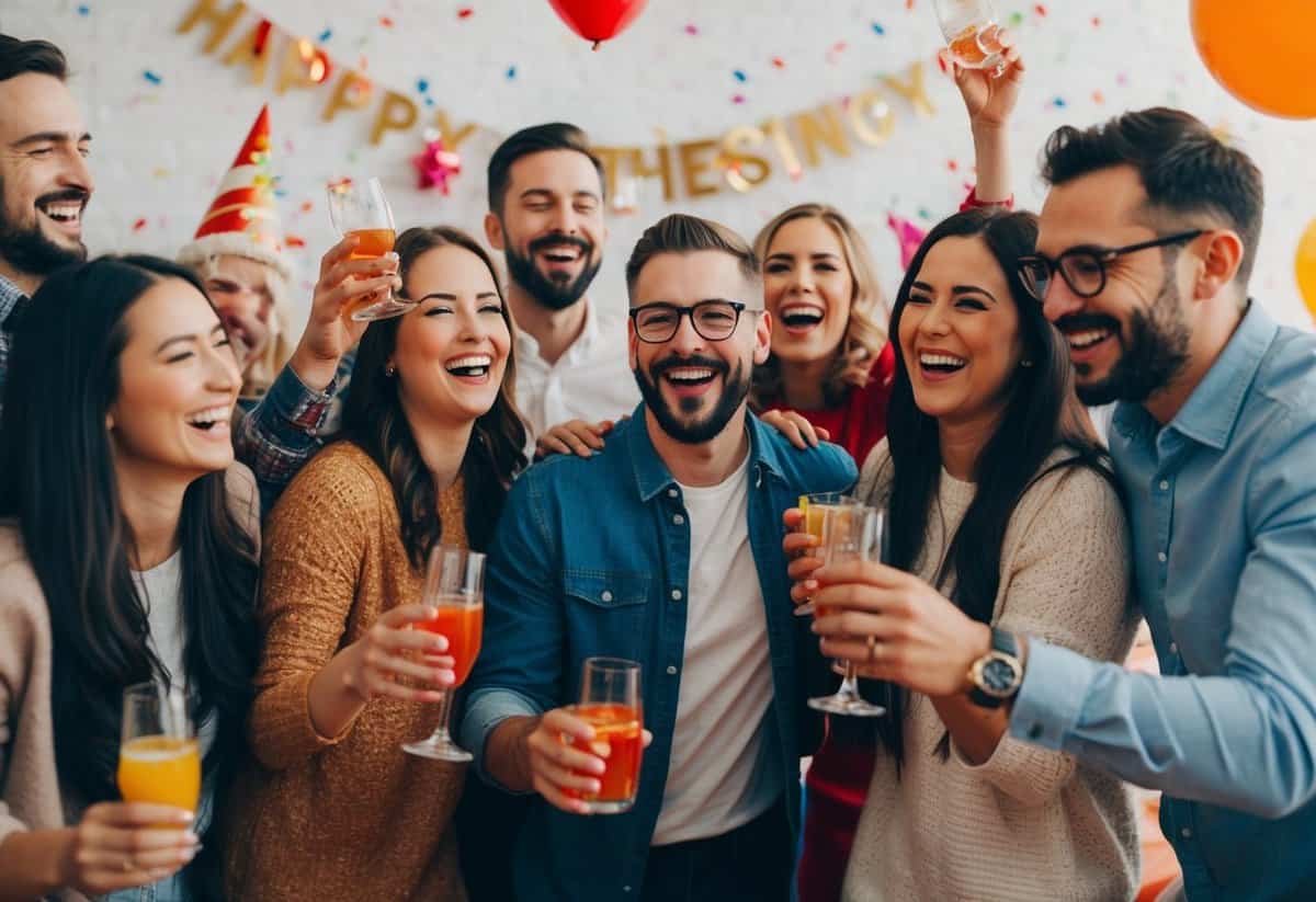 A group of people celebrating with decorations, drinks, and laughter