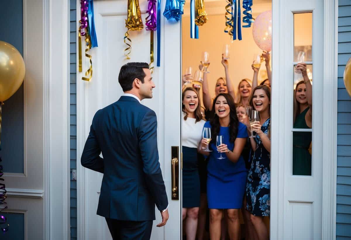 A man in a suit hesitates outside a door adorned with streamers and balloons. Inside, a group of women cheer and raise their glasses in celebration