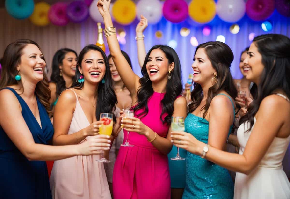 A group of women laughing and dancing with colorful decorations and drinks at a bachelorette party