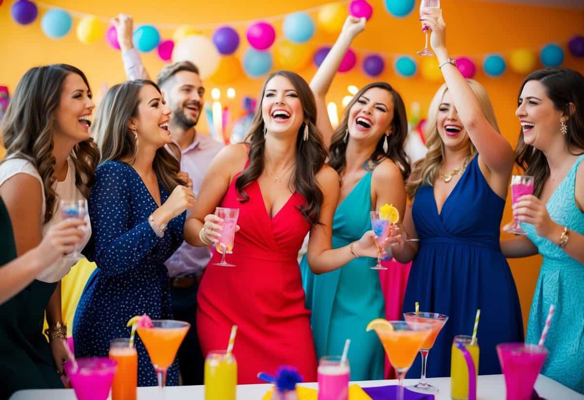 A group of people laughing and dancing at a lively bachelorette party, with colorful decorations and drinks on a table