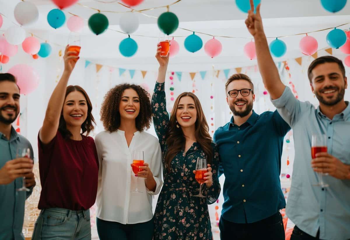 A group of people celebrating with decorations, drinks, and music
