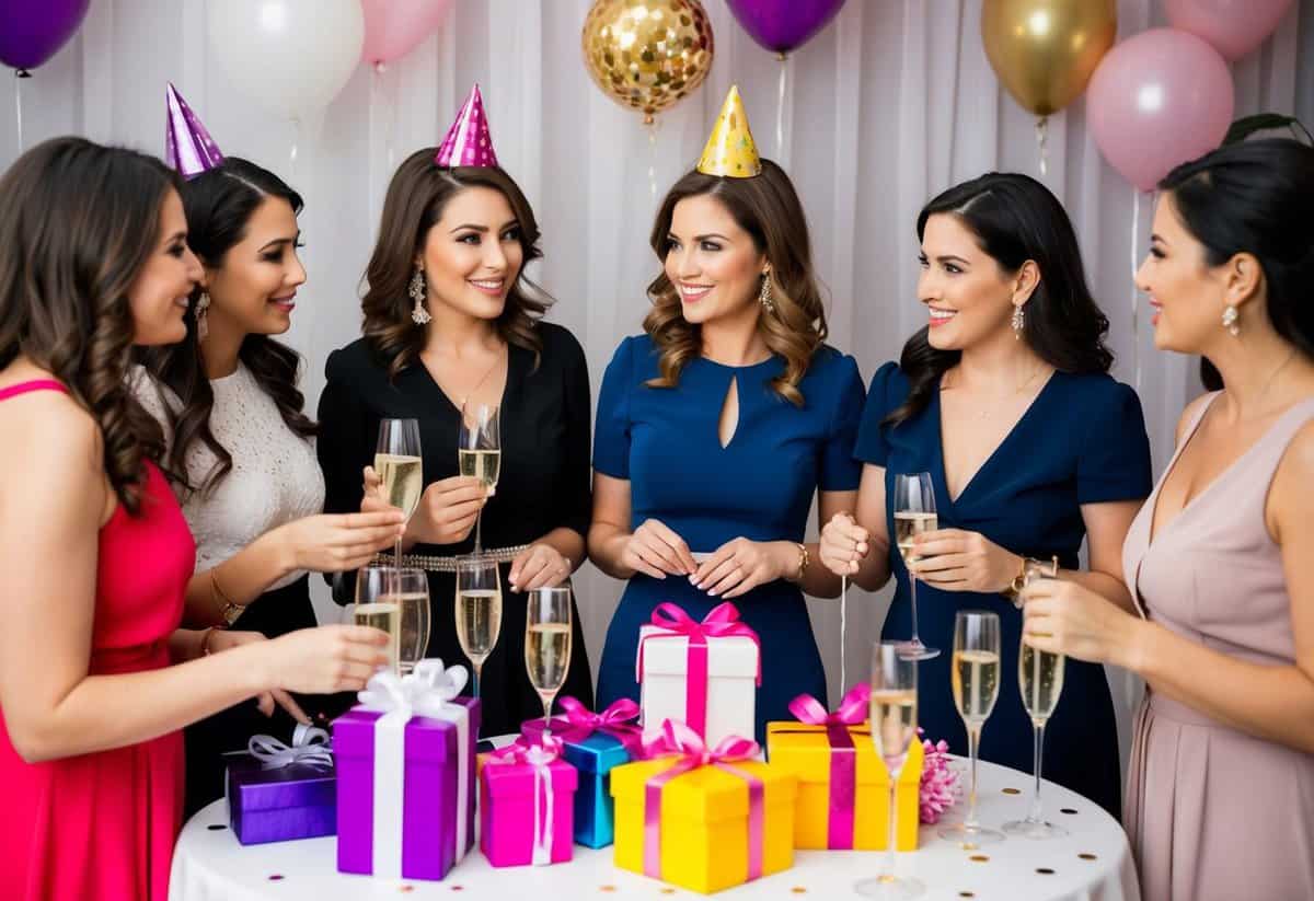 A group of women discussing and comparing prices of various bachelorette gifts at a table filled with party decorations and champagne glasses