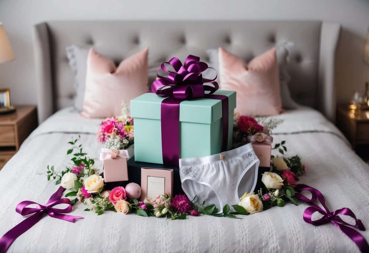 A gift box with various lingerie items displayed on a bed, surrounded by decorative ribbons and flowers
