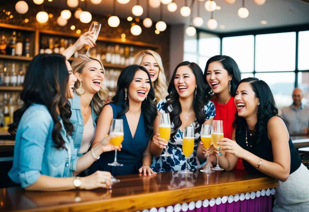 A group of women celebrating with drinks and laughter in a trendy bar decorated with wedding-themed decor