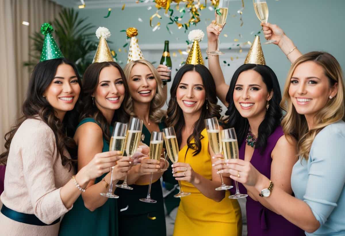 A group of women celebrating with champagne, confetti, and party favors in a decorated room